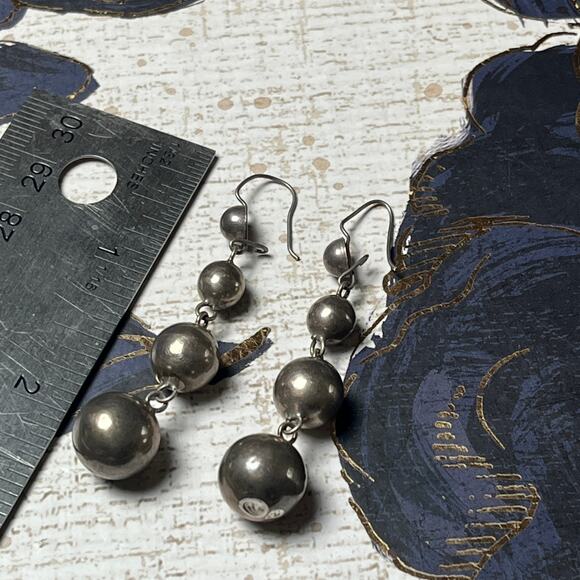 Vintage Handmade Long 925 Sterling Silver Patina Ball Drop Earrings - Picture 4 of 4